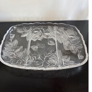 Home Beautiful Rose Pearls Crystal Divided Serving Tray Japan‎ Frosted Roses